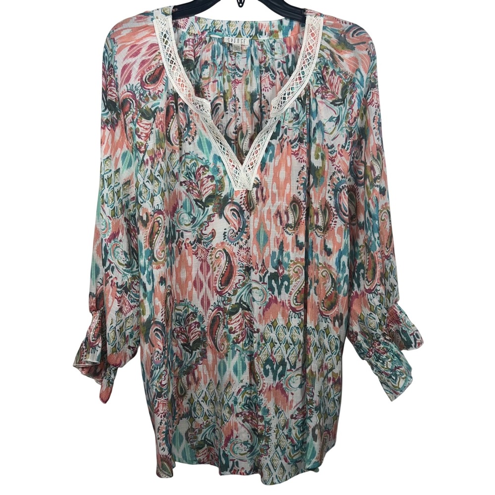 Spense Womens XL Paisley Ikat Print Blouse Crochet Lace V-Neck Smocked Cuffs Top